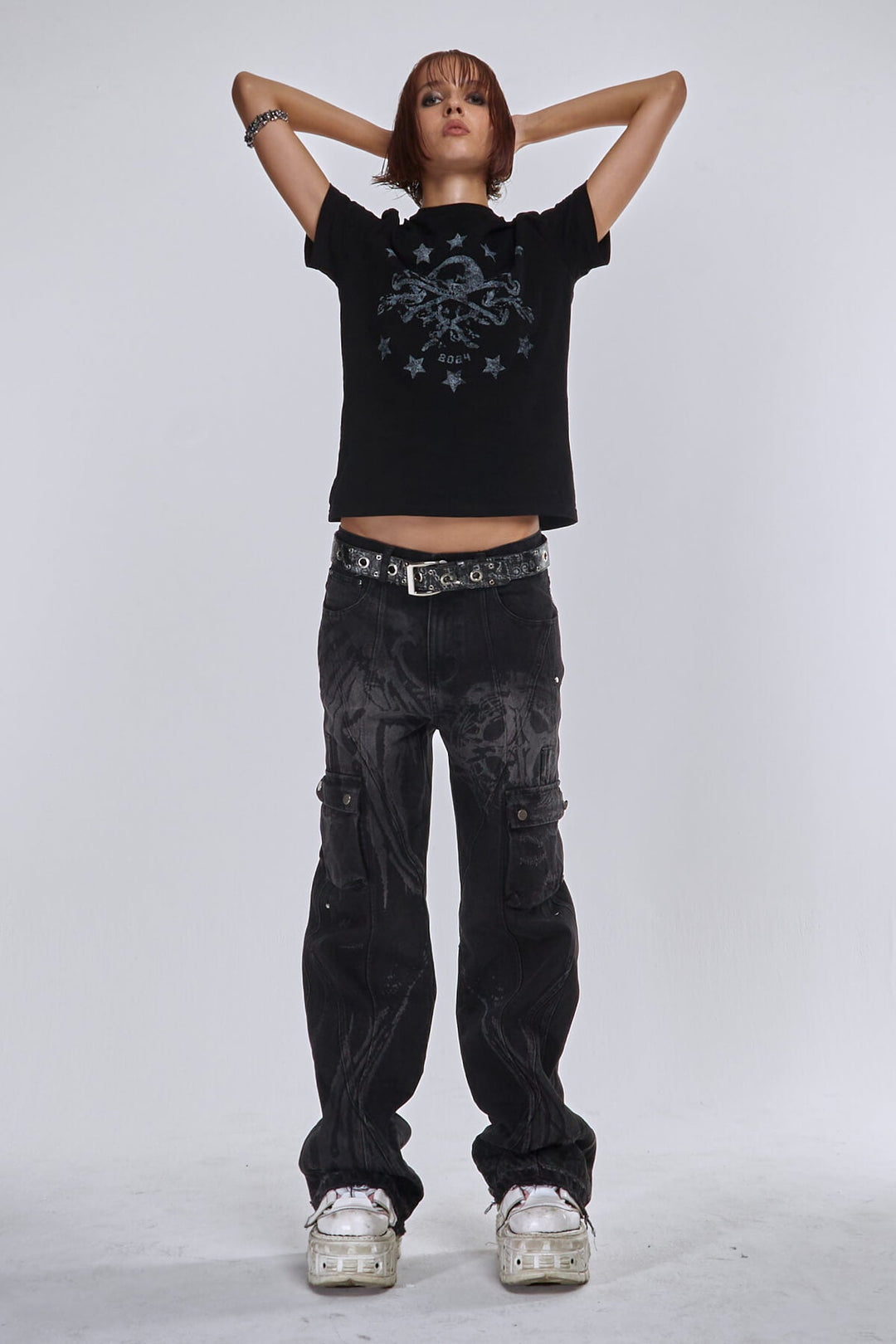 Black wide-leg graphic cargo jeans with multiple utility pockets