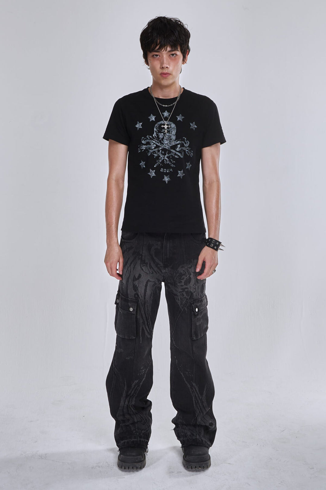 Black wide-leg graphic cargo jeans with multiple utility pockets