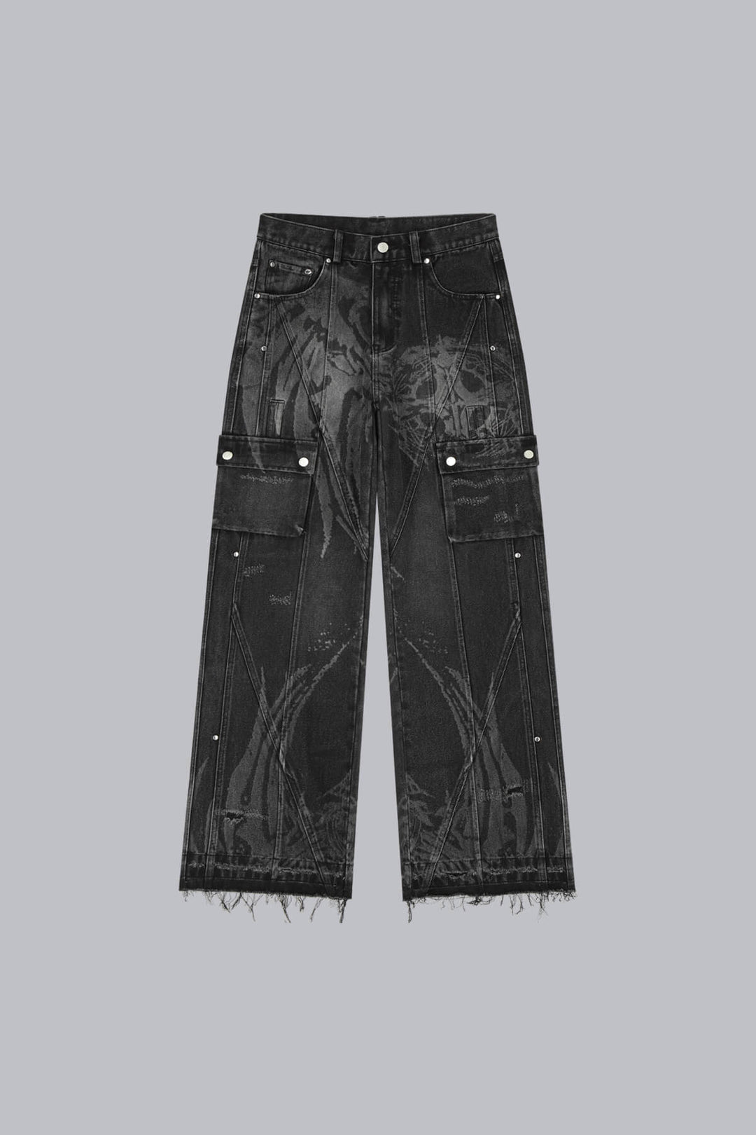 Black wide-leg graphic cargo jeans with multiple utility pockets