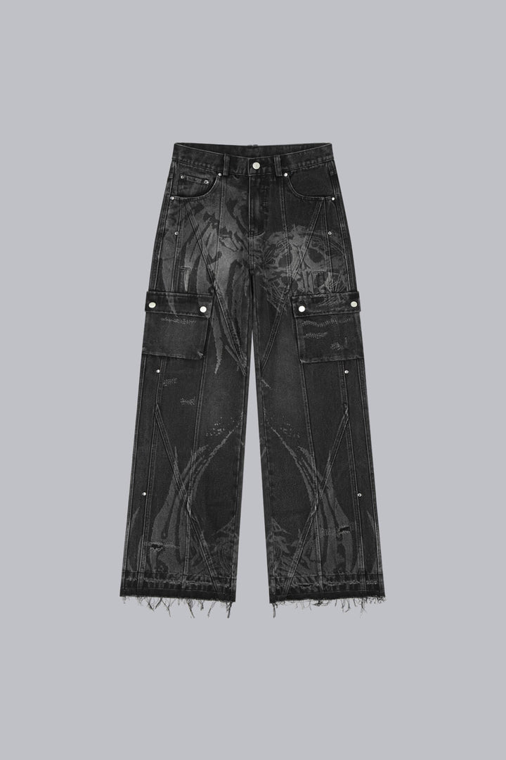 Black wide-leg graphic cargo jeans with multiple utility pockets