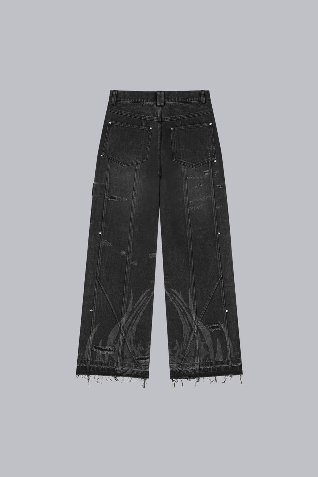 Black wide-leg graphic cargo jeans with multiple utility pockets