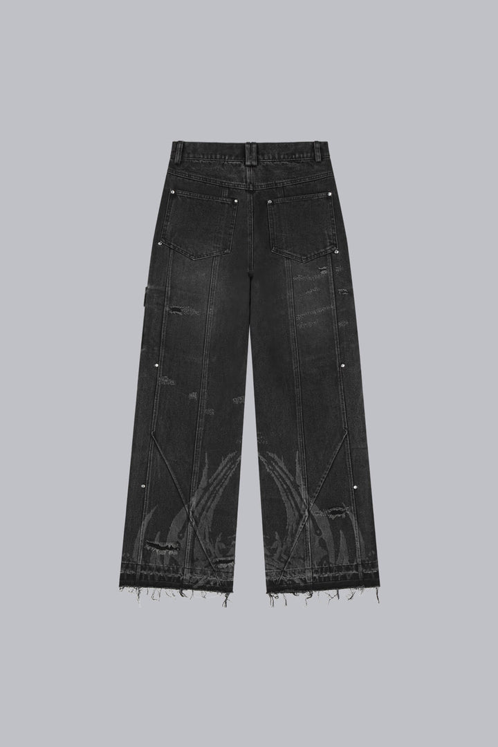 Black wide-leg graphic cargo jeans with multiple utility pockets