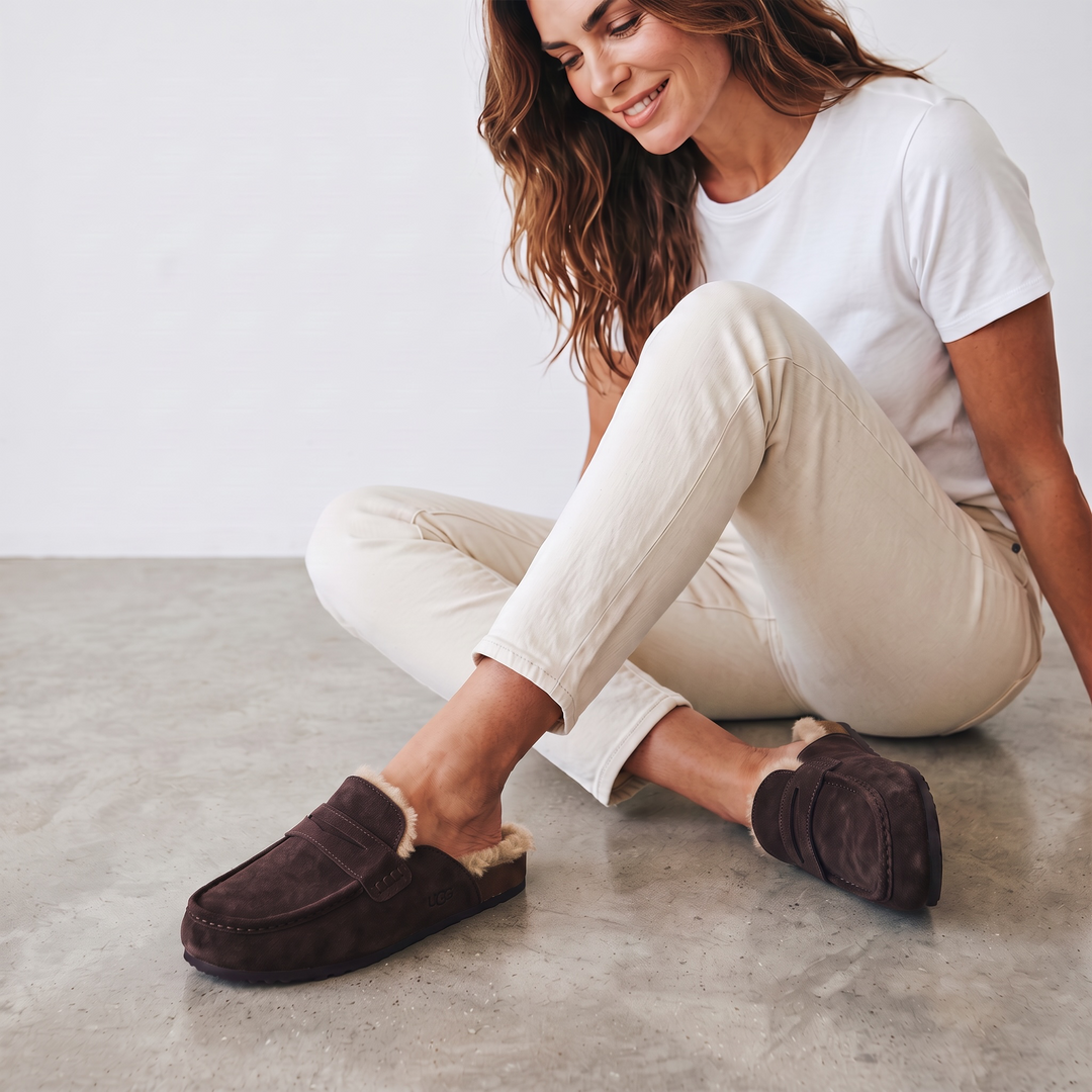 Women's dark brown faux fur trimmed loafer mule clogs with low flat soles