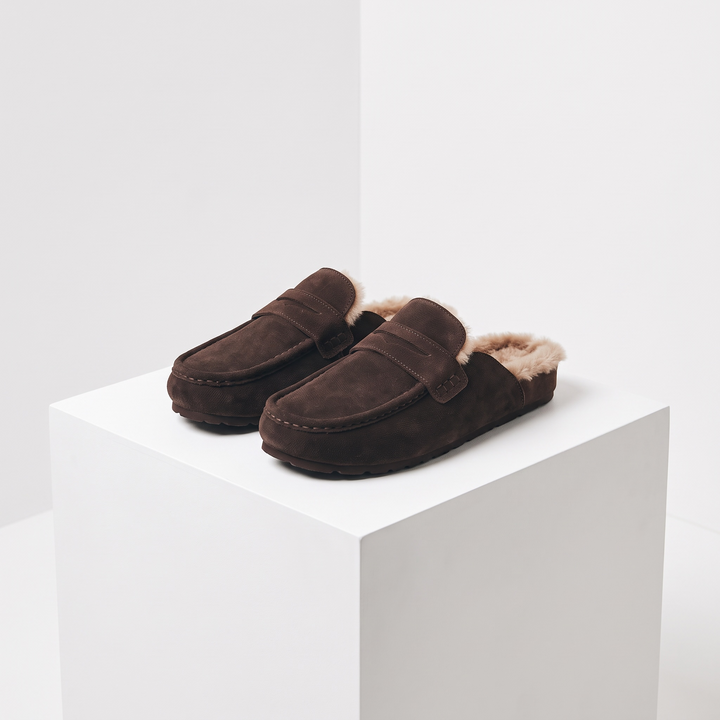 Women's dark brown faux fur trimmed loafer mule clogs with low flat soles