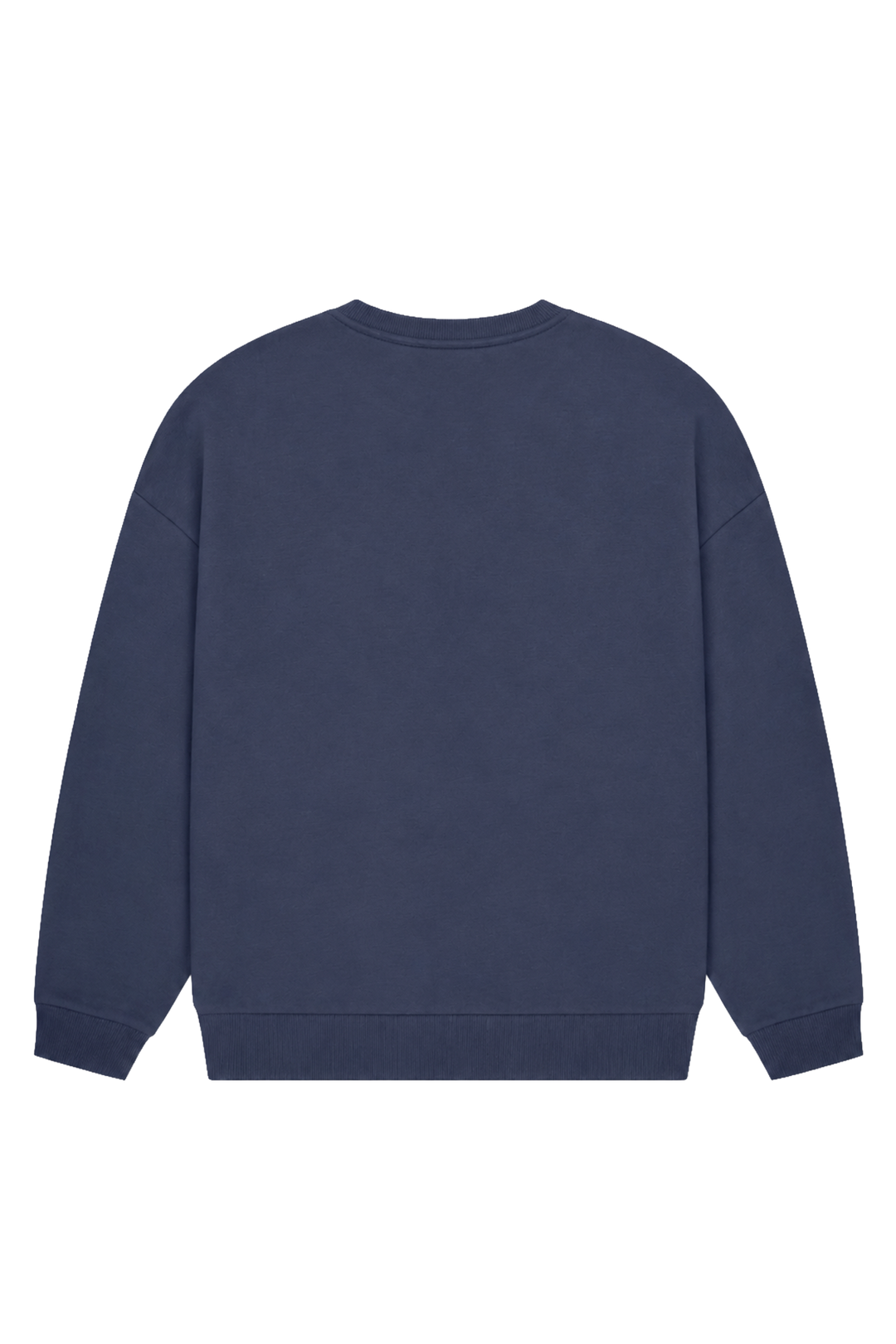 Women's navy crewneck sweatshirt with raised chest logo and long sleeves