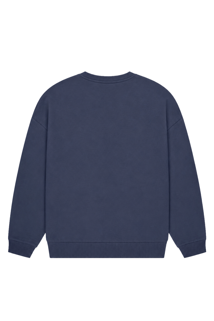 Women's navy crewneck sweatshirt with raised chest logo and long sleeves