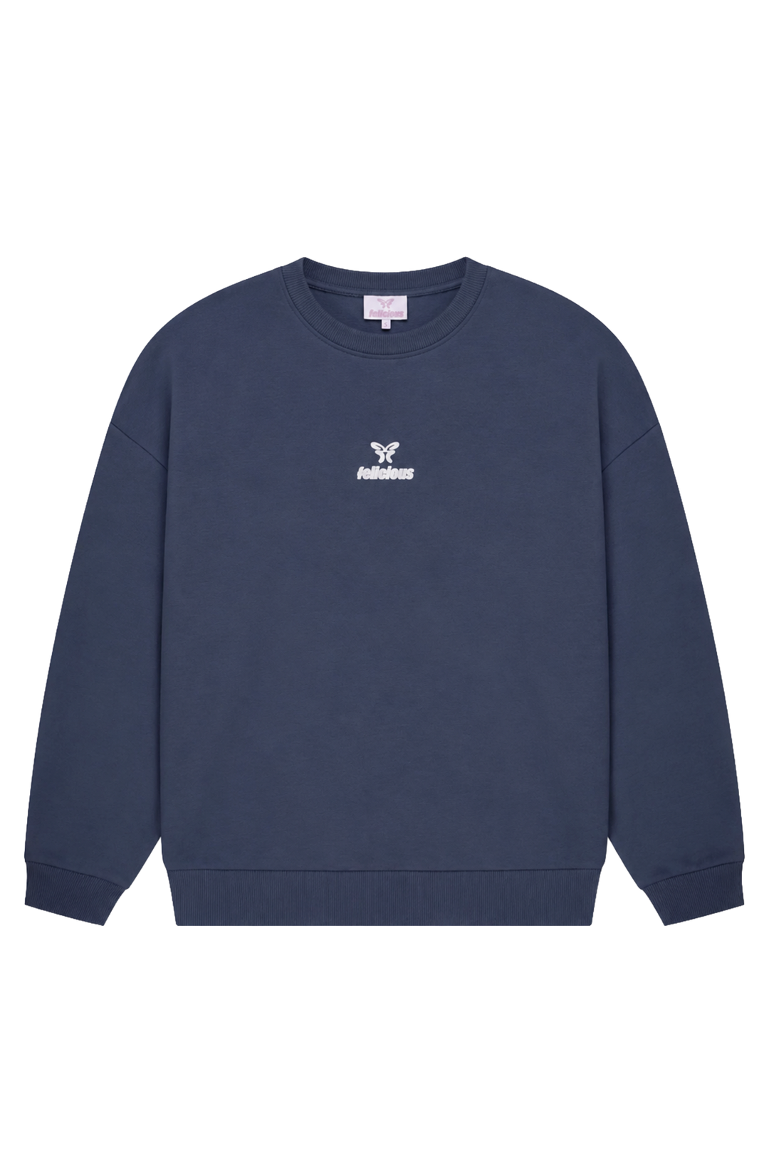 Women's navy crewneck sweatshirt with raised chest logo and long sleeves