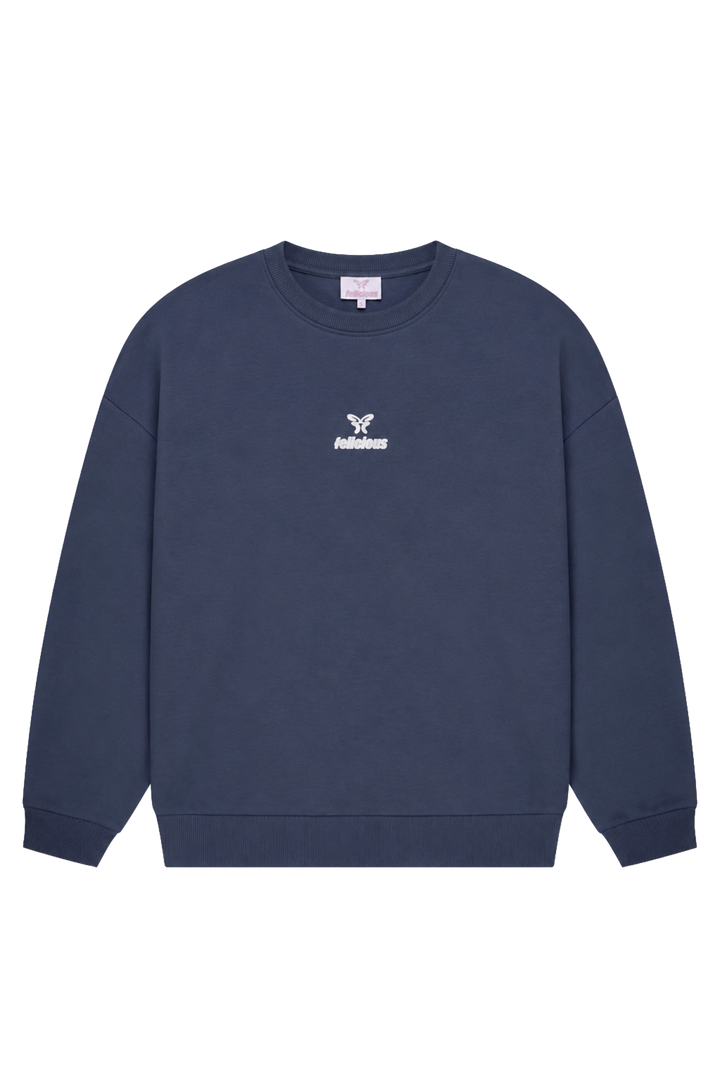 Women's navy crewneck sweatshirt with raised chest logo and long sleeves