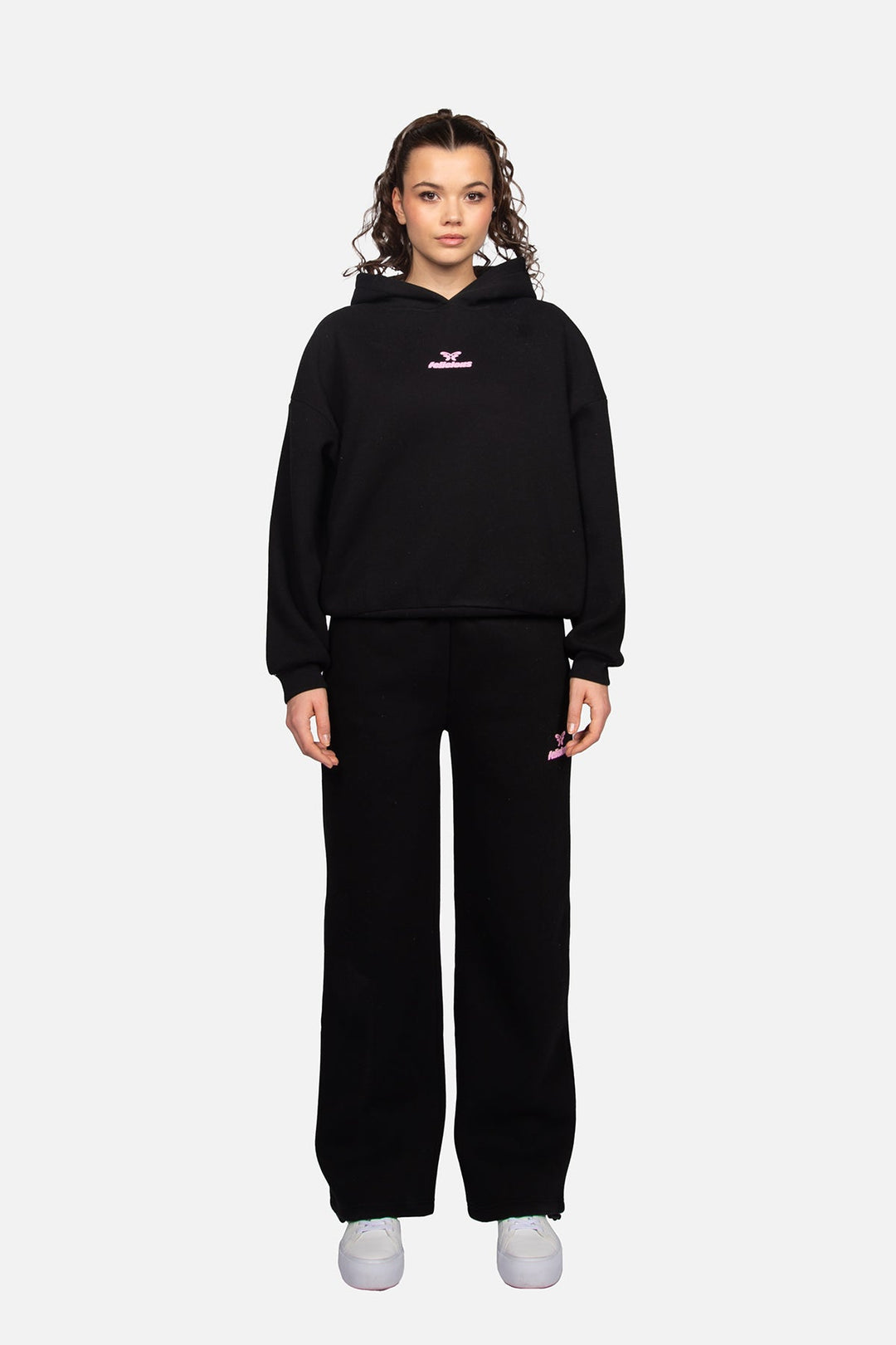 Women's black hooded sweatshirt with pink logo and ribbed trims