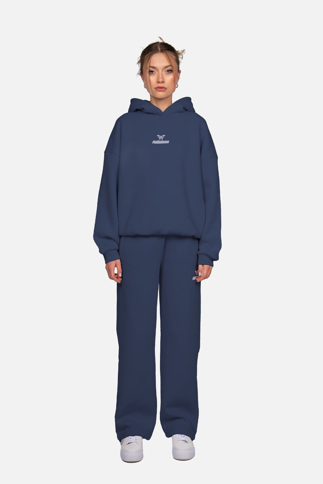 Women's navy pullover hoodie with hood, long sleeves and chest logo