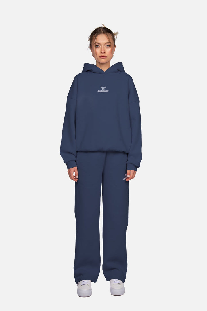 Women's navy pullover hoodie with hood, long sleeves and chest logo