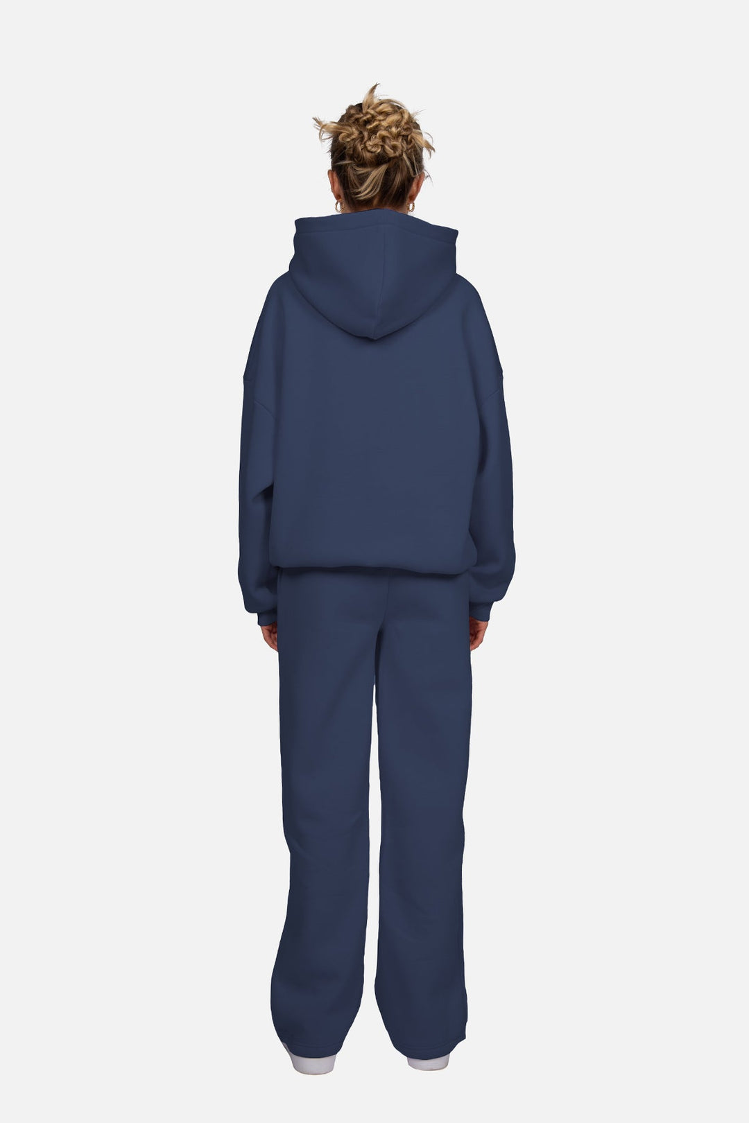 Women's navy pullover hoodie with hood, long sleeves and chest logo