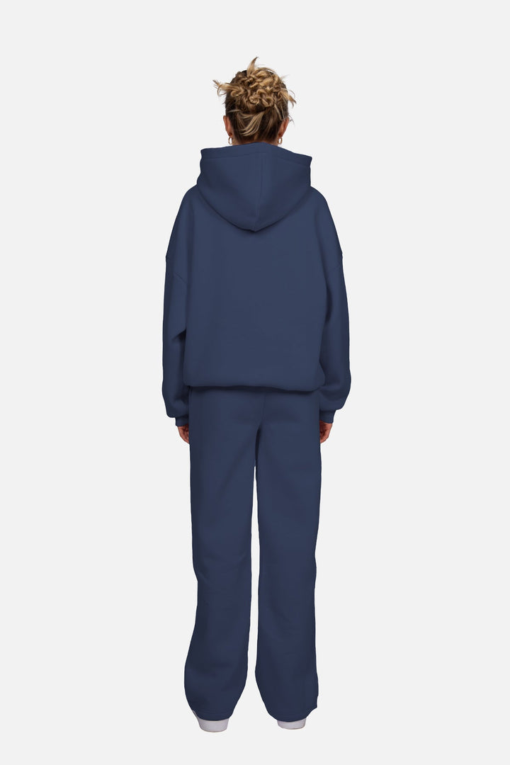 Women's navy pullover hoodie with hood, long sleeves and chest logo