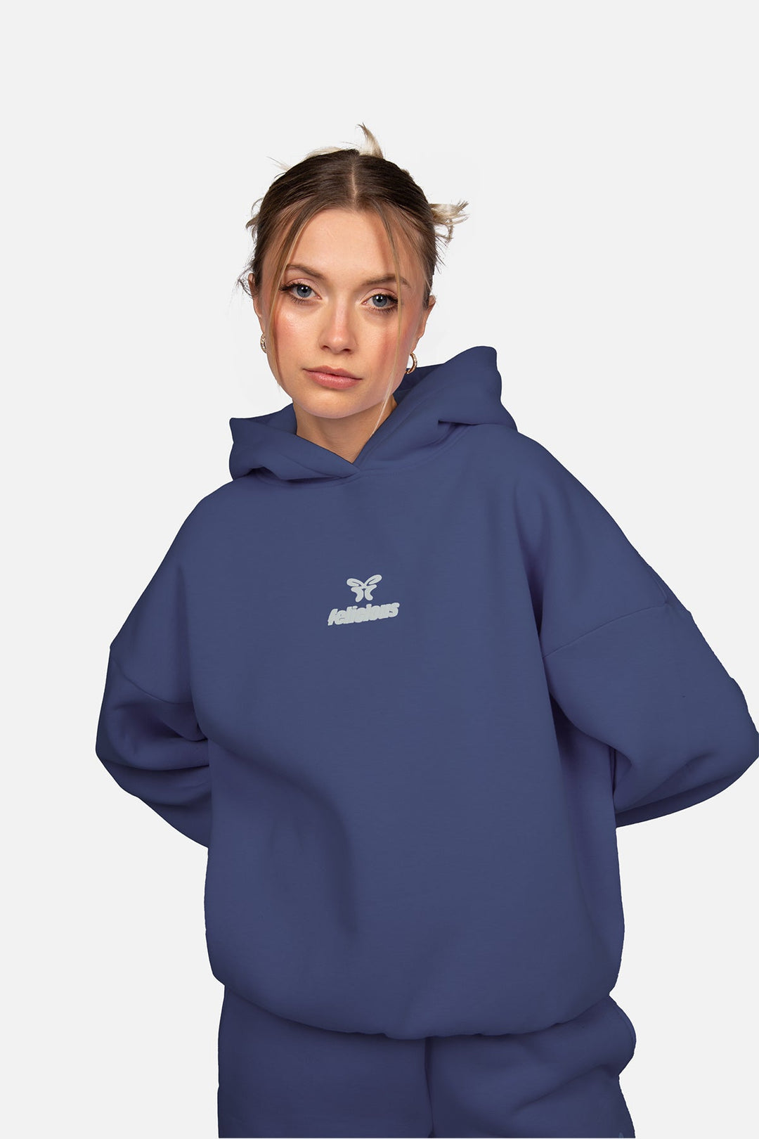 Women's navy pullover hoodie with hood, long sleeves and chest logo
