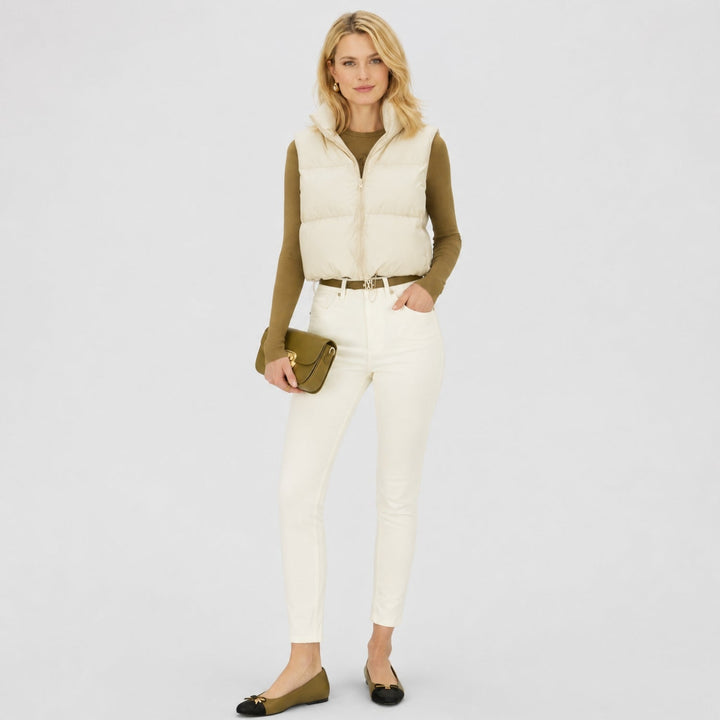 Women's cropped quilted puffer vest with mock neck and zip front