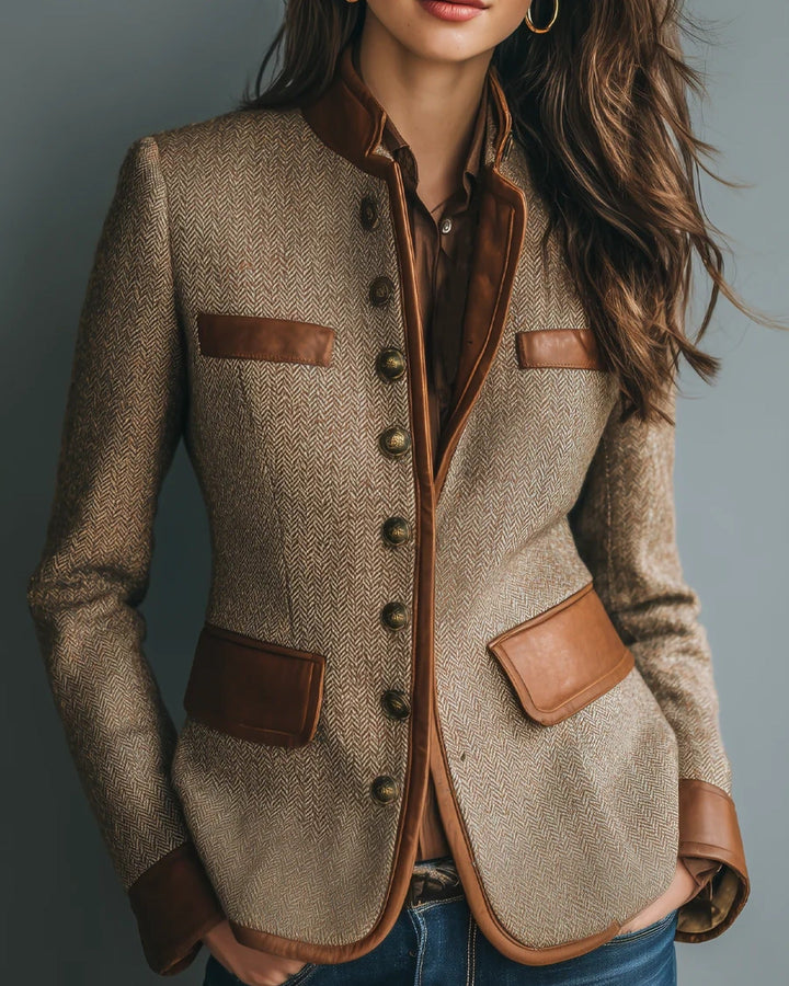 Women's brown herringbone coat with contrast trim, buttons and patch pockets