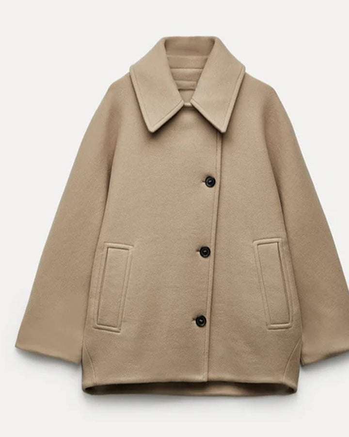 Women's short coat with wide collar, long sleeves, button front and two front pockets