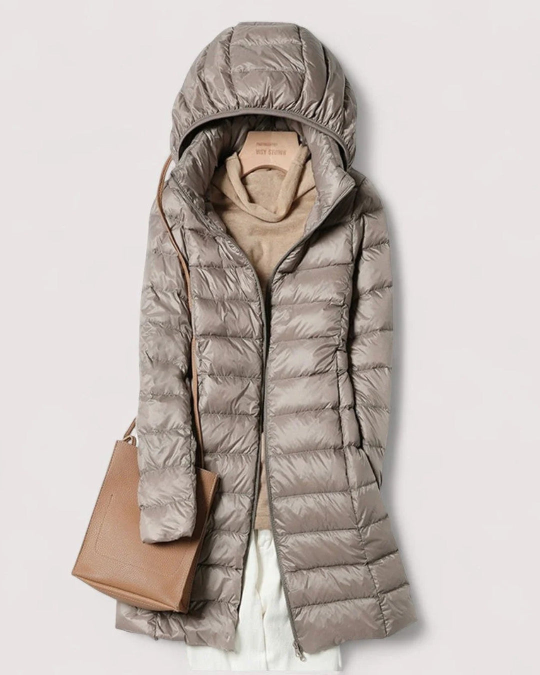 Women's long hooded quilted puffer coat with zip front
