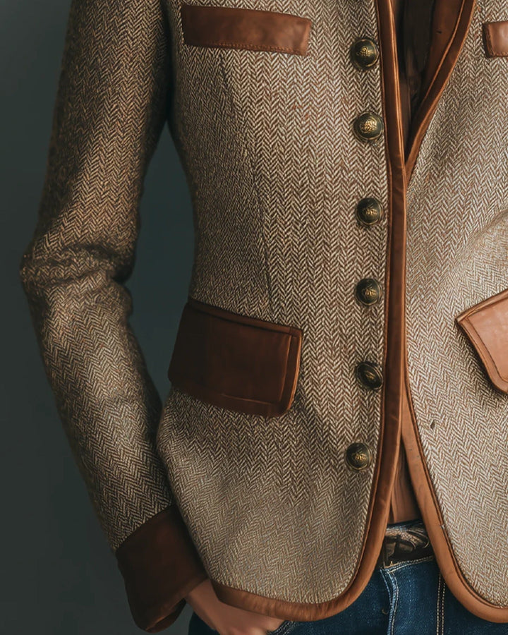 Women's brown herringbone coat with contrast trim, buttons and patch pockets