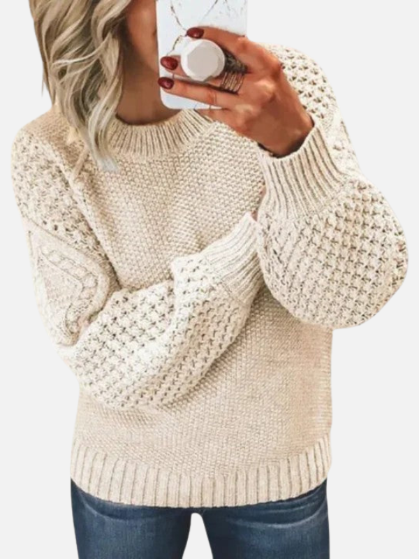 Women's chunky knit jumper with crew neck and textured long sleeves