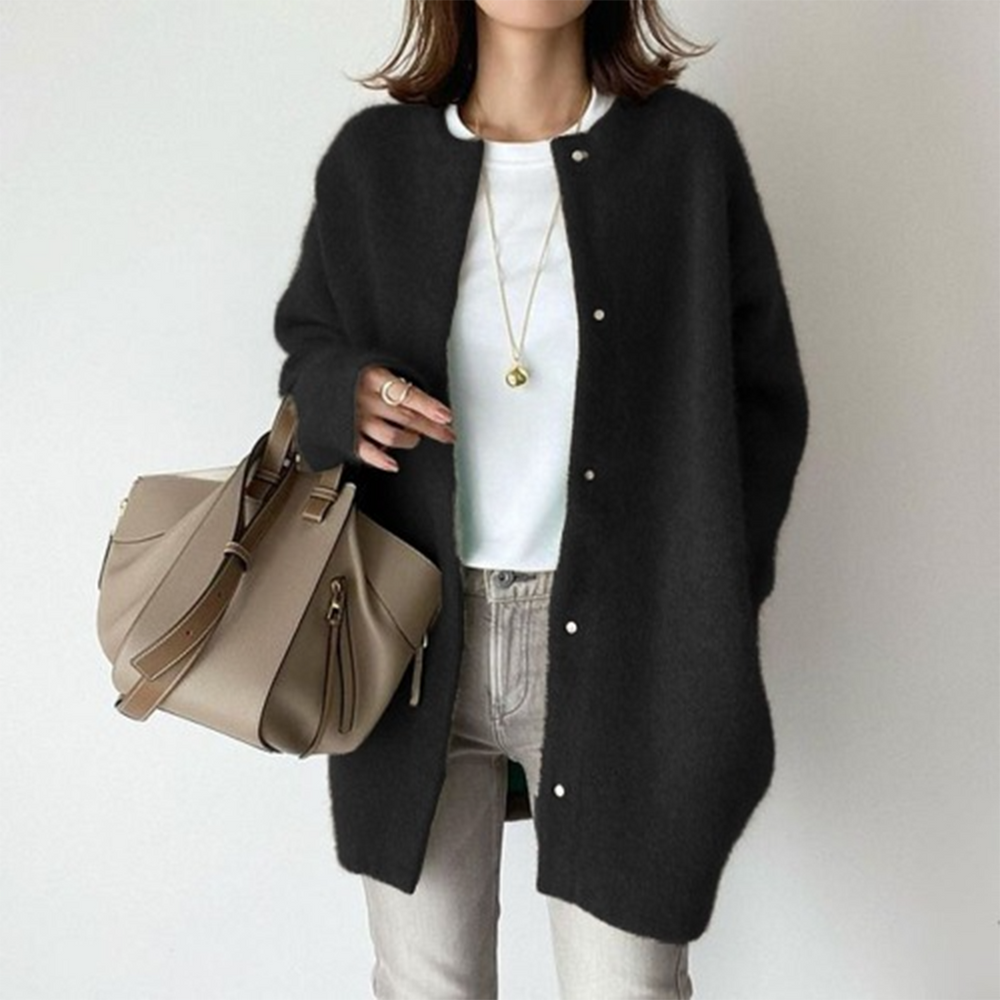Women's longline button cardigan with round neckline and long sleeves