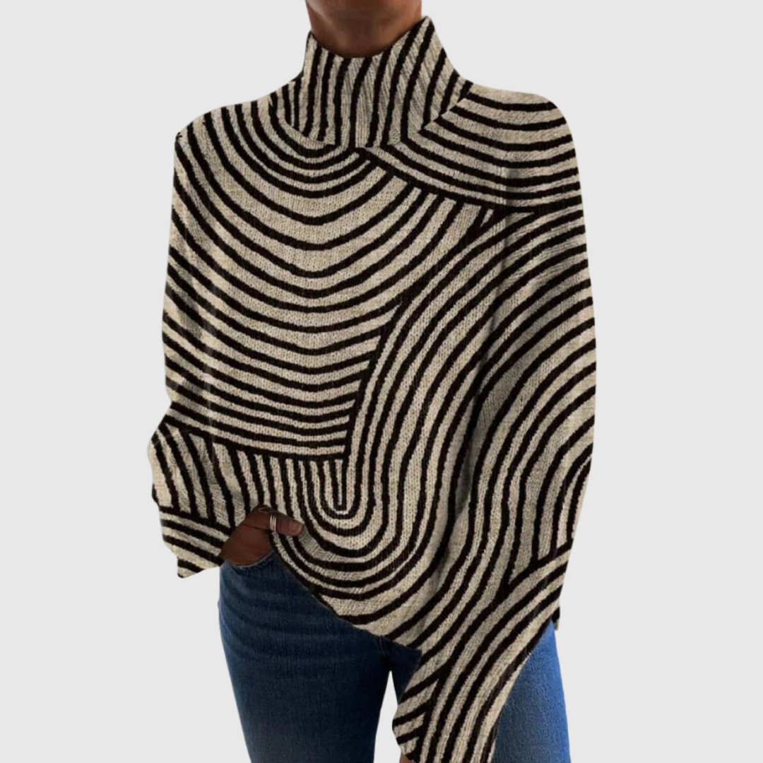 Women's black and beige geometric striped turtleneck jumper