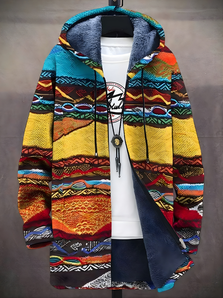 Unisex multicolour geometric zip-up hoodie with hood and long sleeves