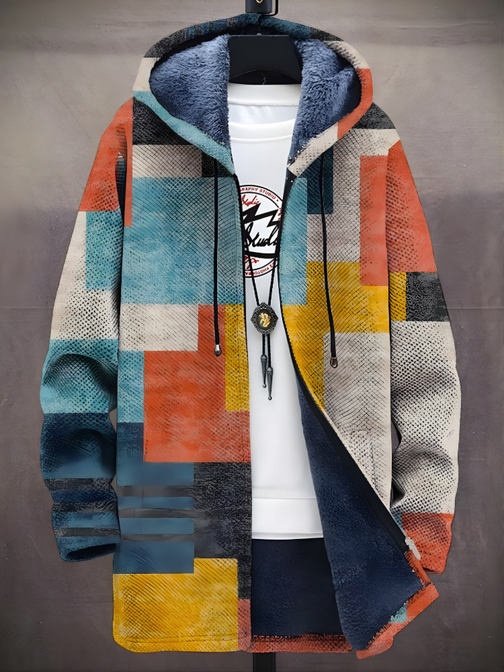 Unisex multicolour geometric zip-up hoodie with hood and long sleeves
