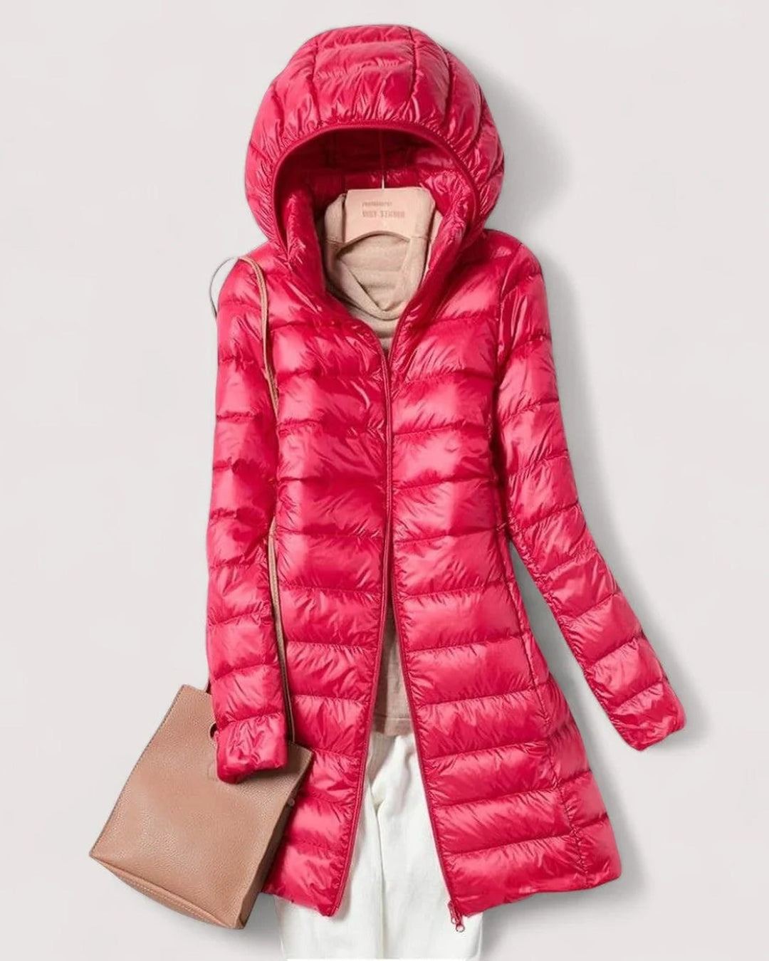 Women's long hooded quilted puffer coat with zip front