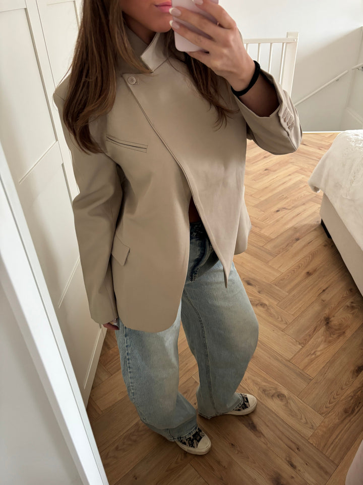 Women's beige blazer with high collar, long sleeves and button front