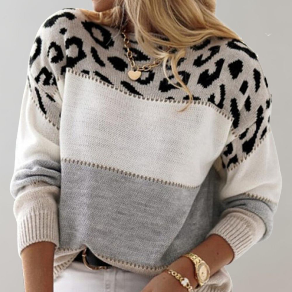 Women's colorblock knit sweater with leopard pattern and crew neckline