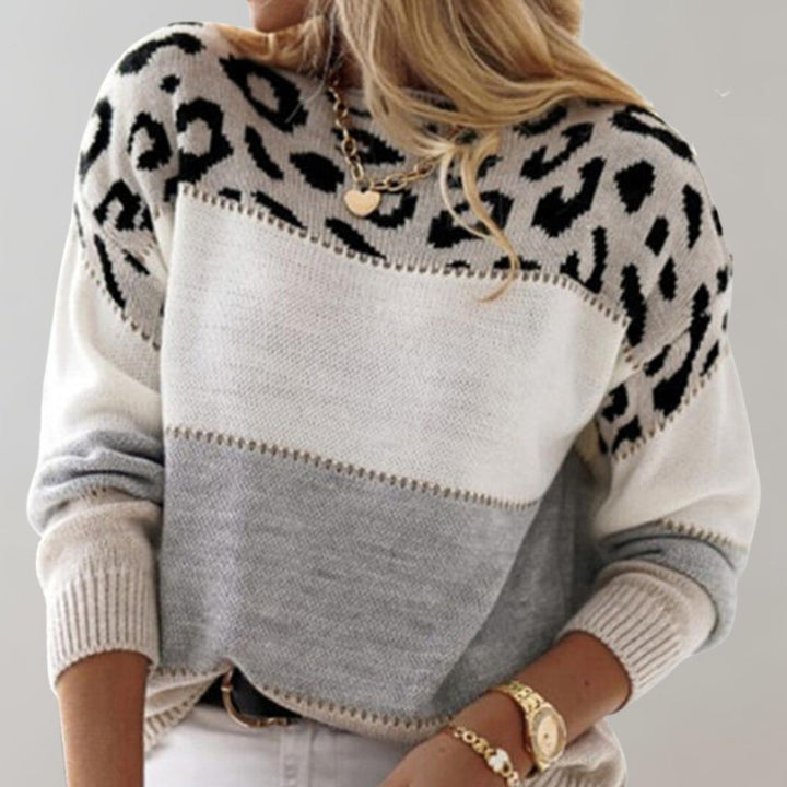 Women's colorblock knit sweater with leopard pattern and crew neckline