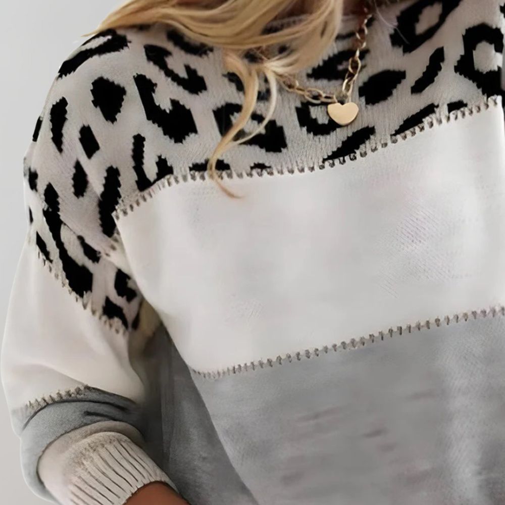 Women's colorblock knit sweater with leopard pattern and crew neckline