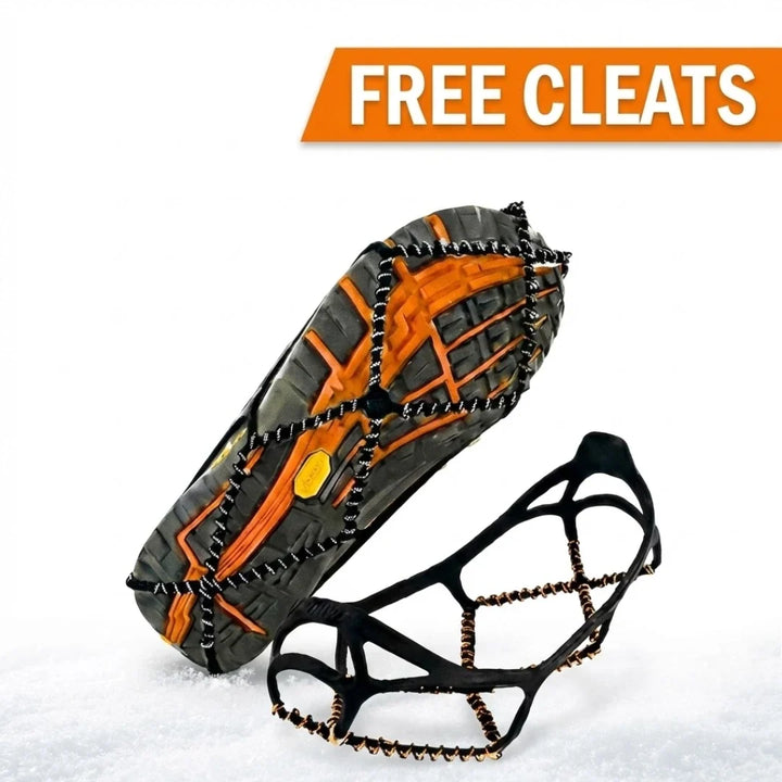 Stretch-fit ice cleats with linked traction coils fitted over a lace-up boot