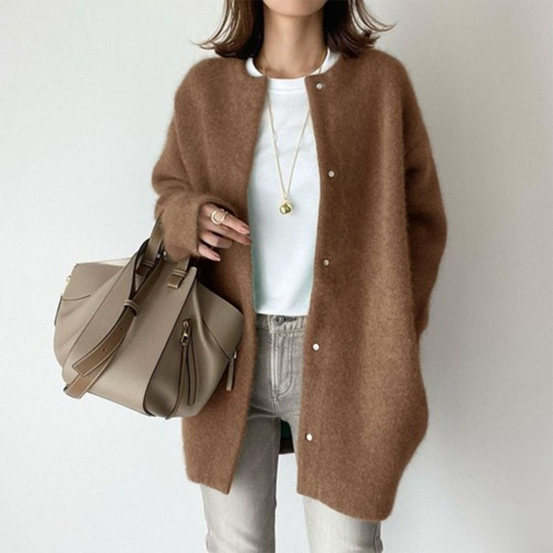 Women's longline button cardigan with round neckline and long sleeves