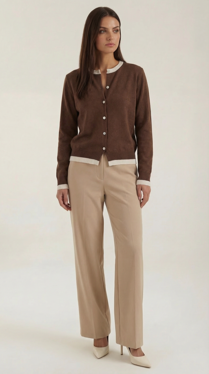 Women's long-sleeve knit cardigan with buttons and contrasting trim