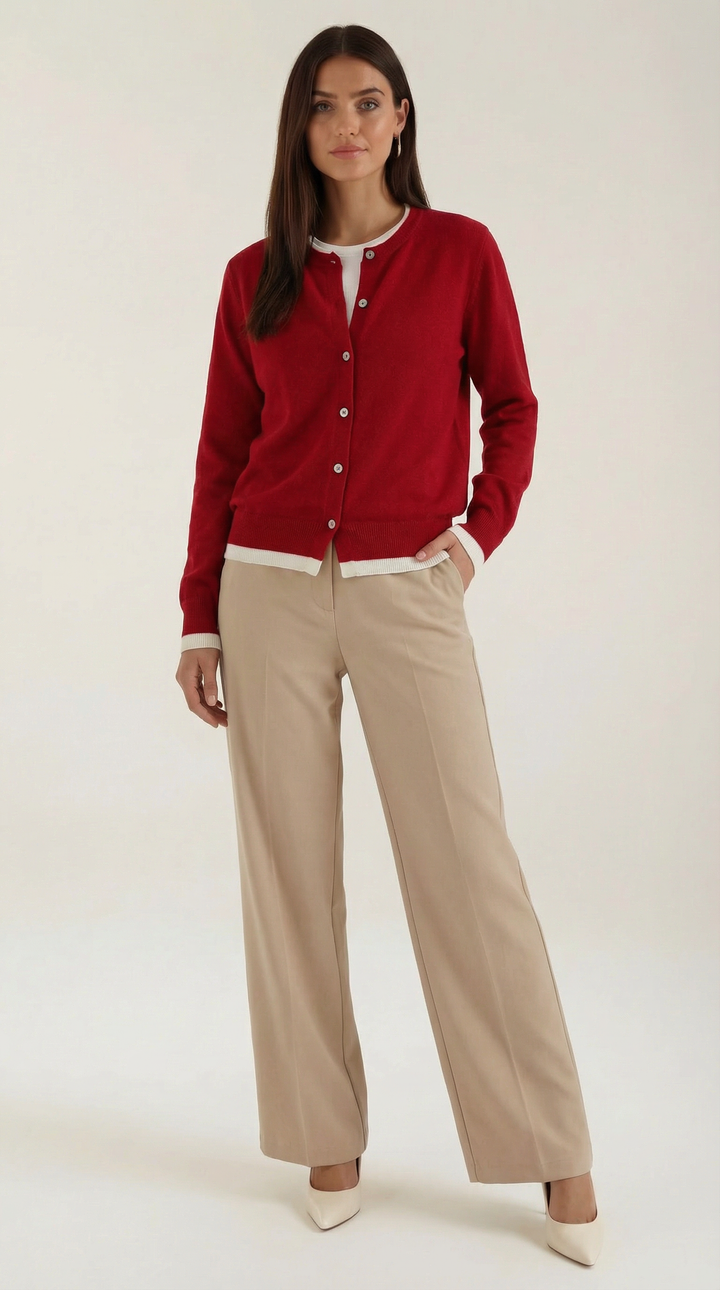 Women's long-sleeve knit cardigan with buttons and contrasting trim