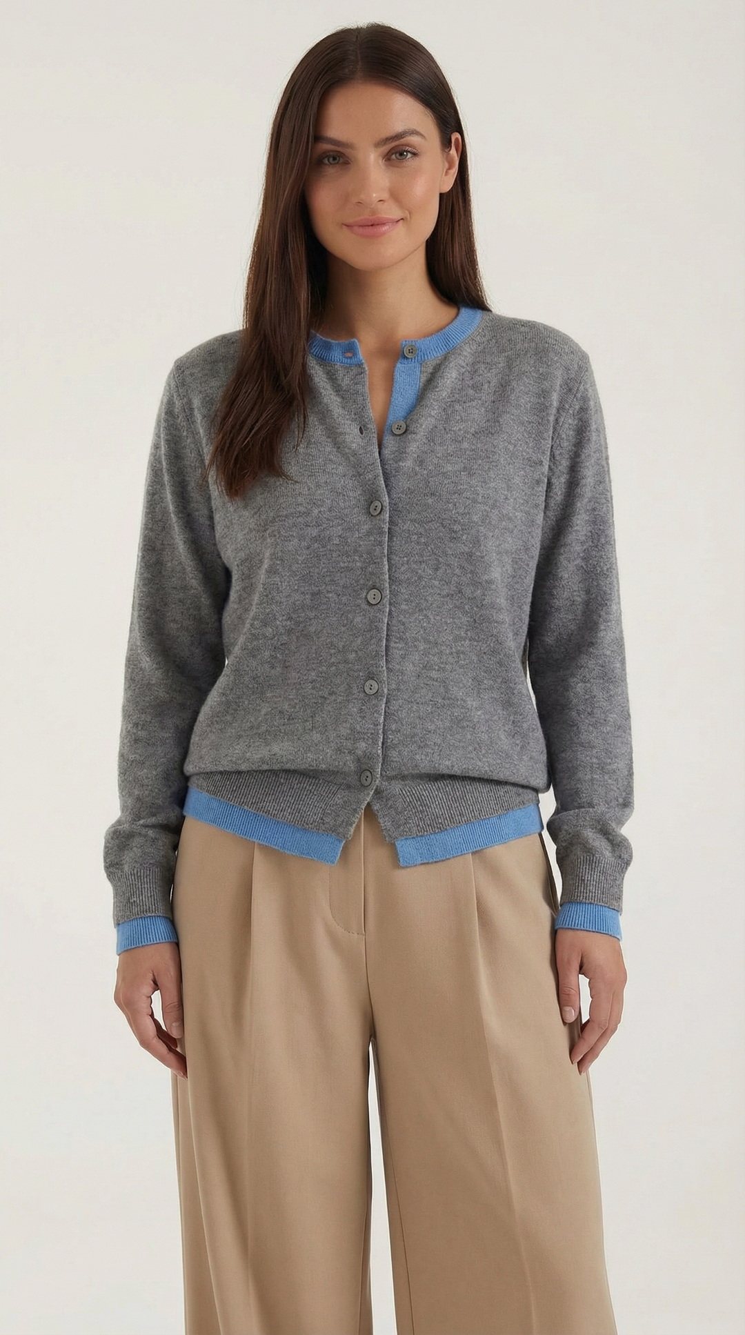 Women's long-sleeve knit cardigan with buttons and contrasting trim