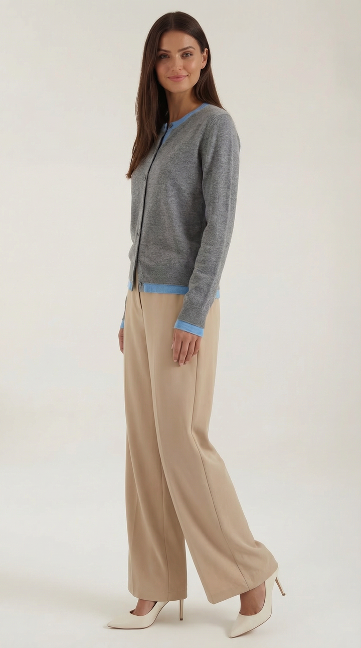 Women's long-sleeve knit cardigan with buttons and contrasting trim