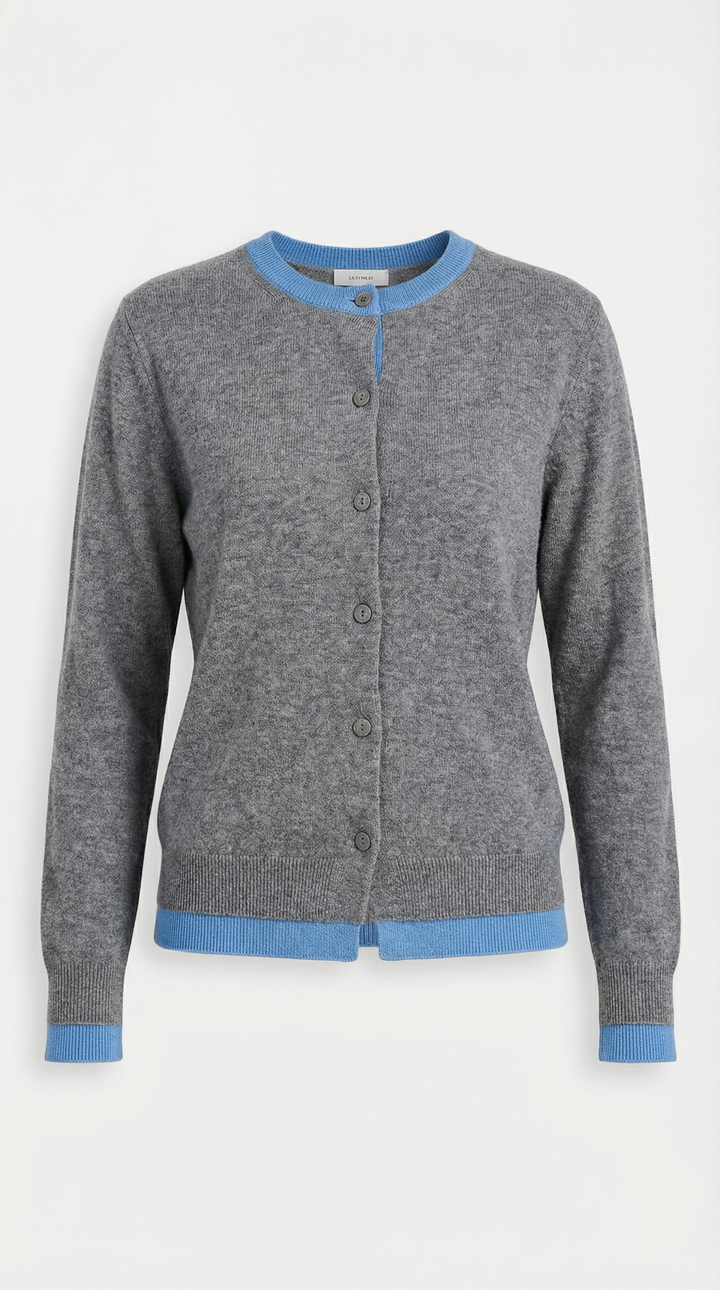 Women's long-sleeve knit cardigan with buttons and contrasting trim