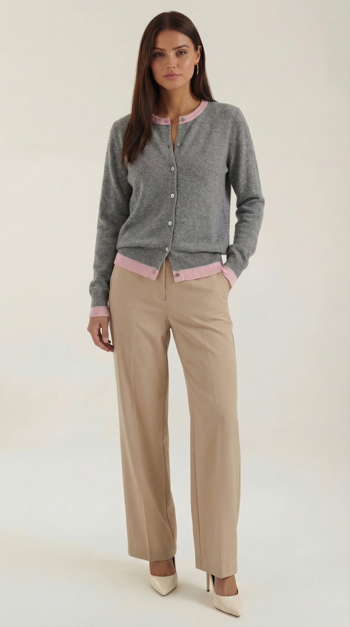Women's long-sleeve knit cardigan with buttons and contrasting trim