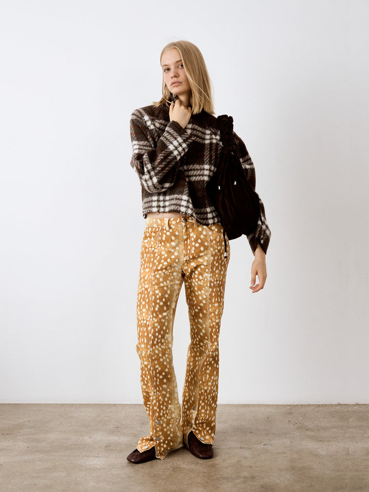 Women's orange deer print wide leg jeans with high waist and button fly