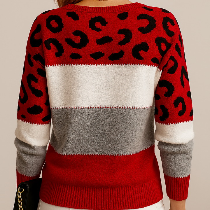 Women's colorblock knit sweater with leopard pattern and crew neckline