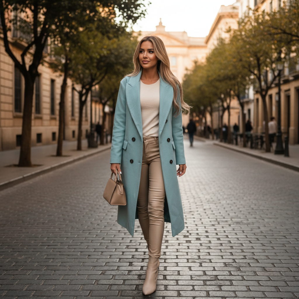 Women's longline double breasted trench coat with notched lapels and flap pockets