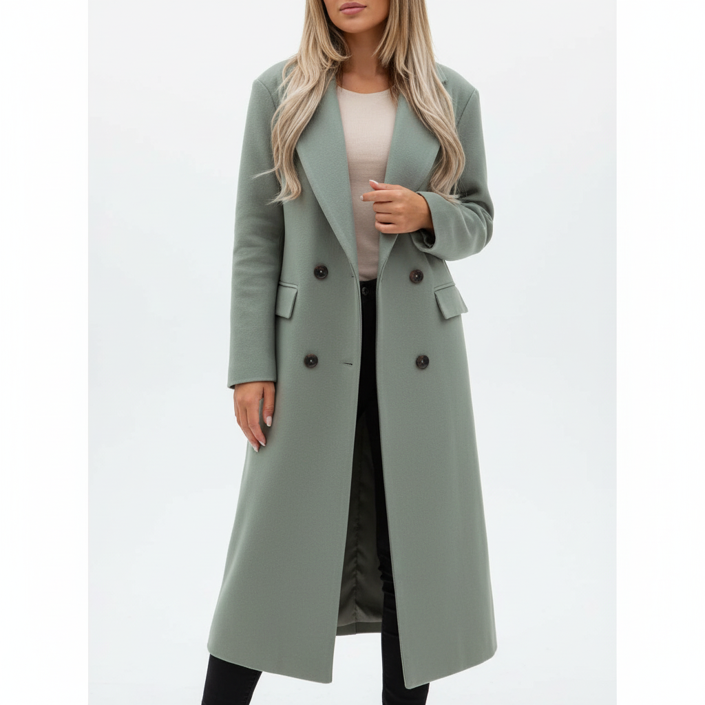 Women's longline double breasted trench coat with notched lapels and flap pockets