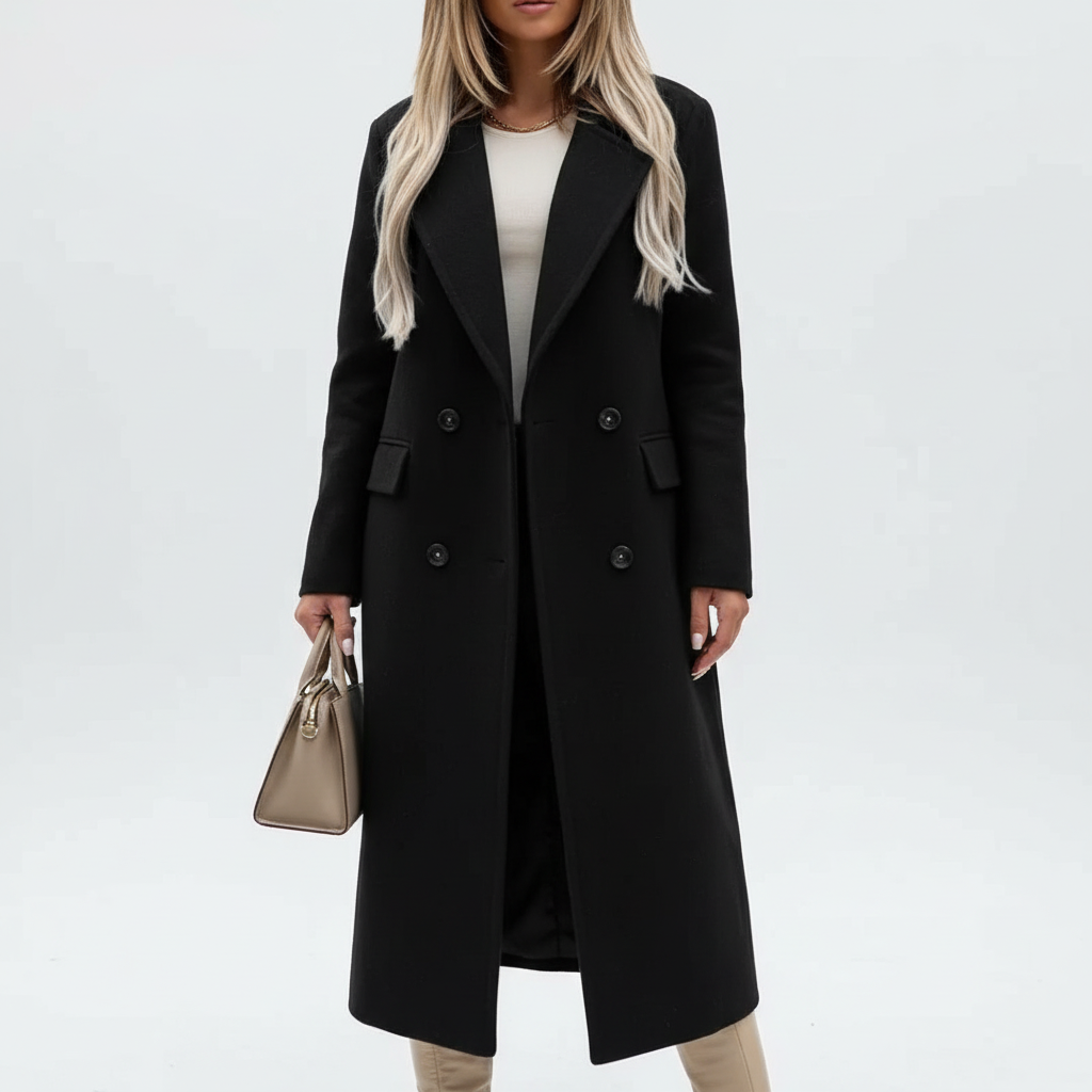 Women's longline double breasted trench coat with notched lapels and flap pockets