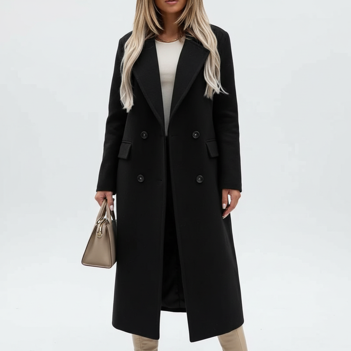 Women's longline double breasted trench coat with notched lapels and flap pockets