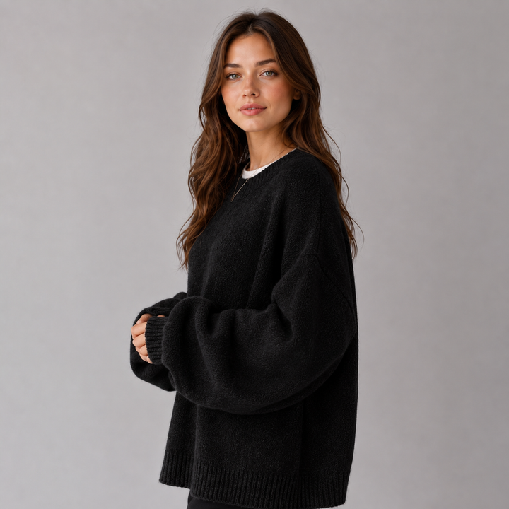 Women's textured knit sweater with crew neck, dropped shoulders and balloon sleeves