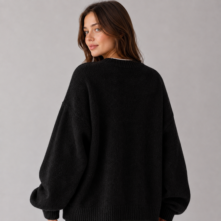 Women's textured knit sweater with crew neck, dropped shoulders and balloon sleeves