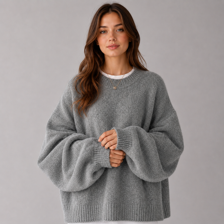 Women's textured knit sweater with crew neck, dropped shoulders and balloon sleeves